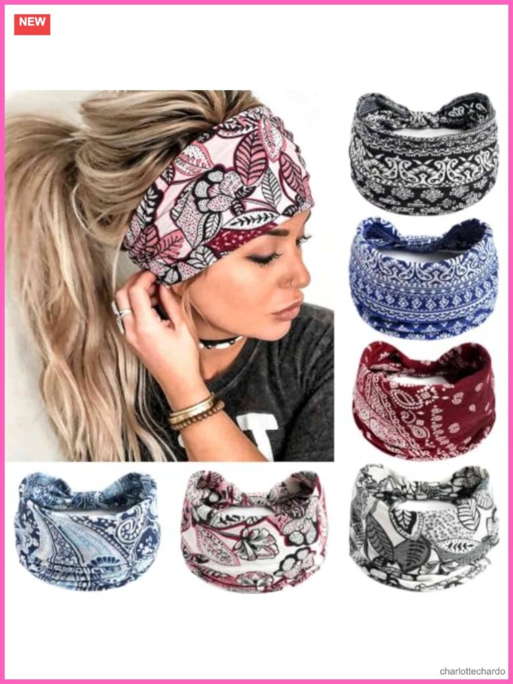 Boho Wide Headbands Non Slip Stretch Floral Hair Wraps Turban Yoga 6Pcs